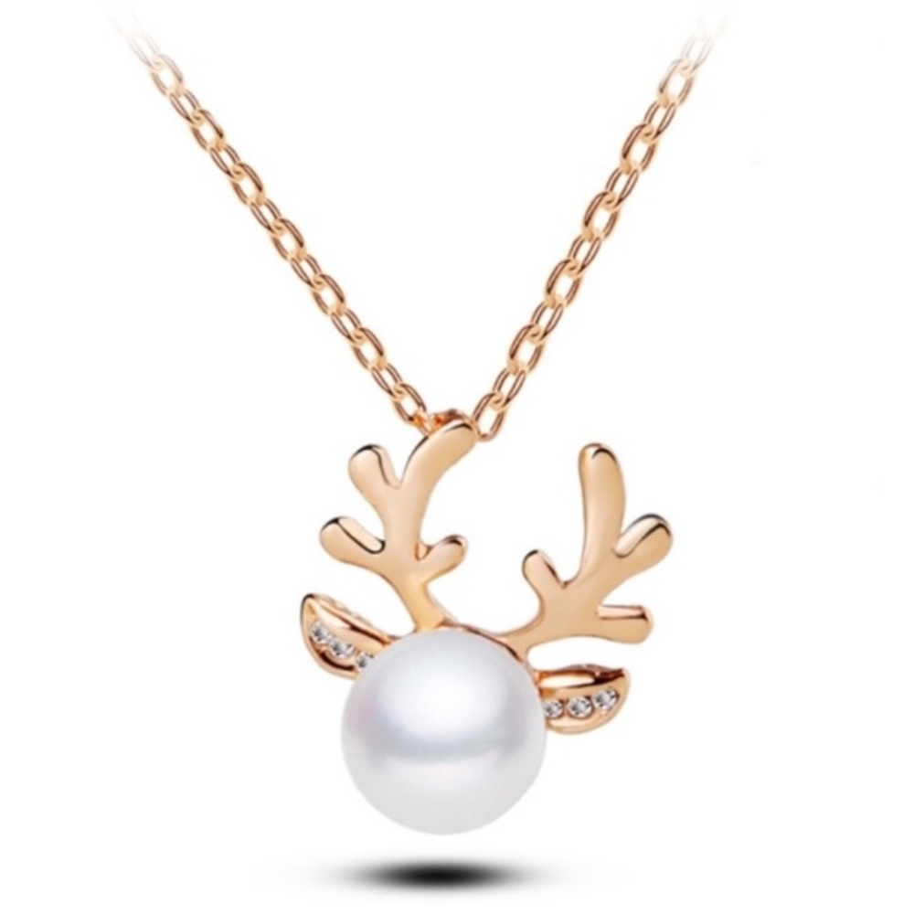 Pearl Antlers Reindeer Necklace Gold